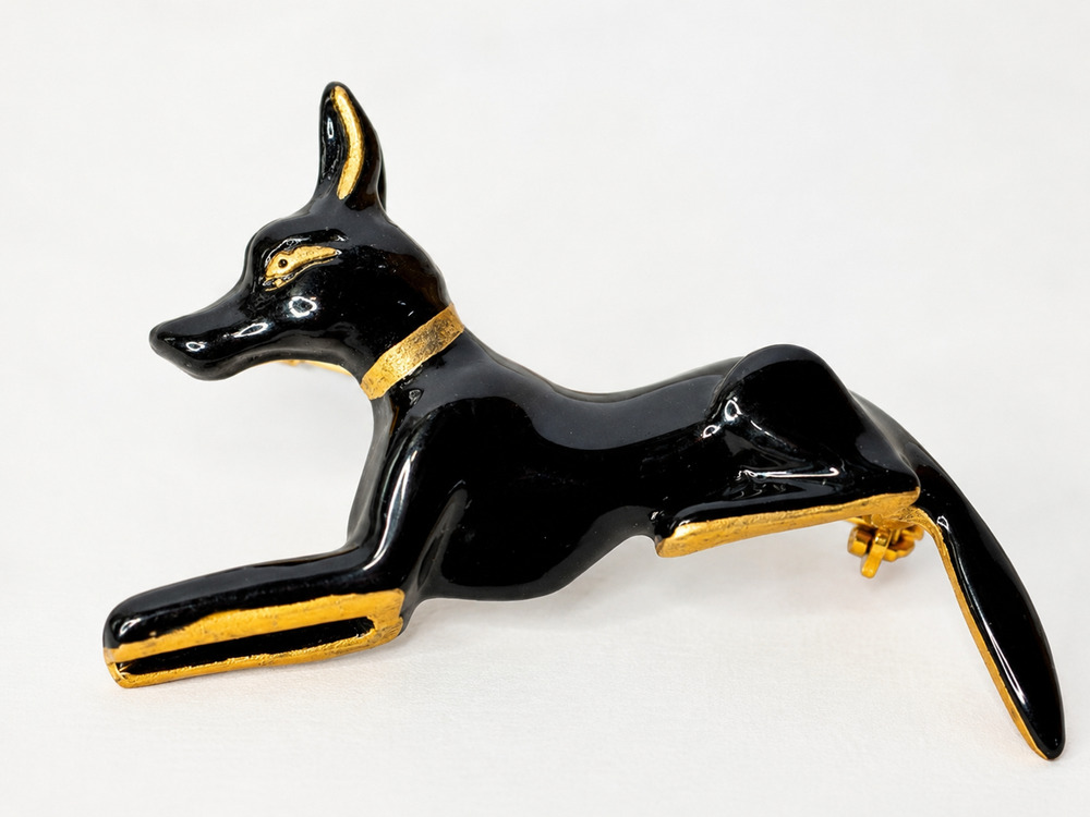Anubis Egyptian Dog God Jackal Figural Brooch Pin Couchant Pose Black Gold